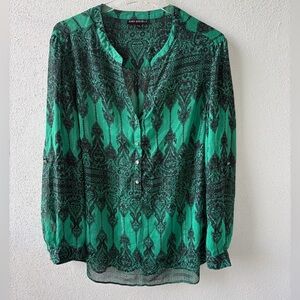 Sara Michelle 2X Green Black Button V-Neck Sheer Roll Tab Sleeves Office Party